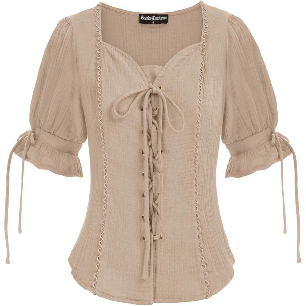 Women Renaissance Shirt Plus Size Lace-up Top Medieval Costume Breathable